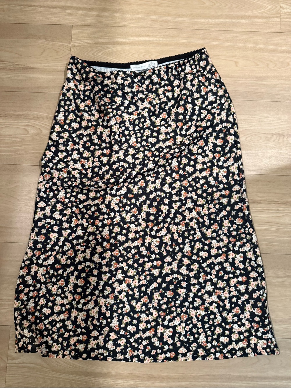 Altar'd State Black Midi Skirt with Peach & Cream Floral Print